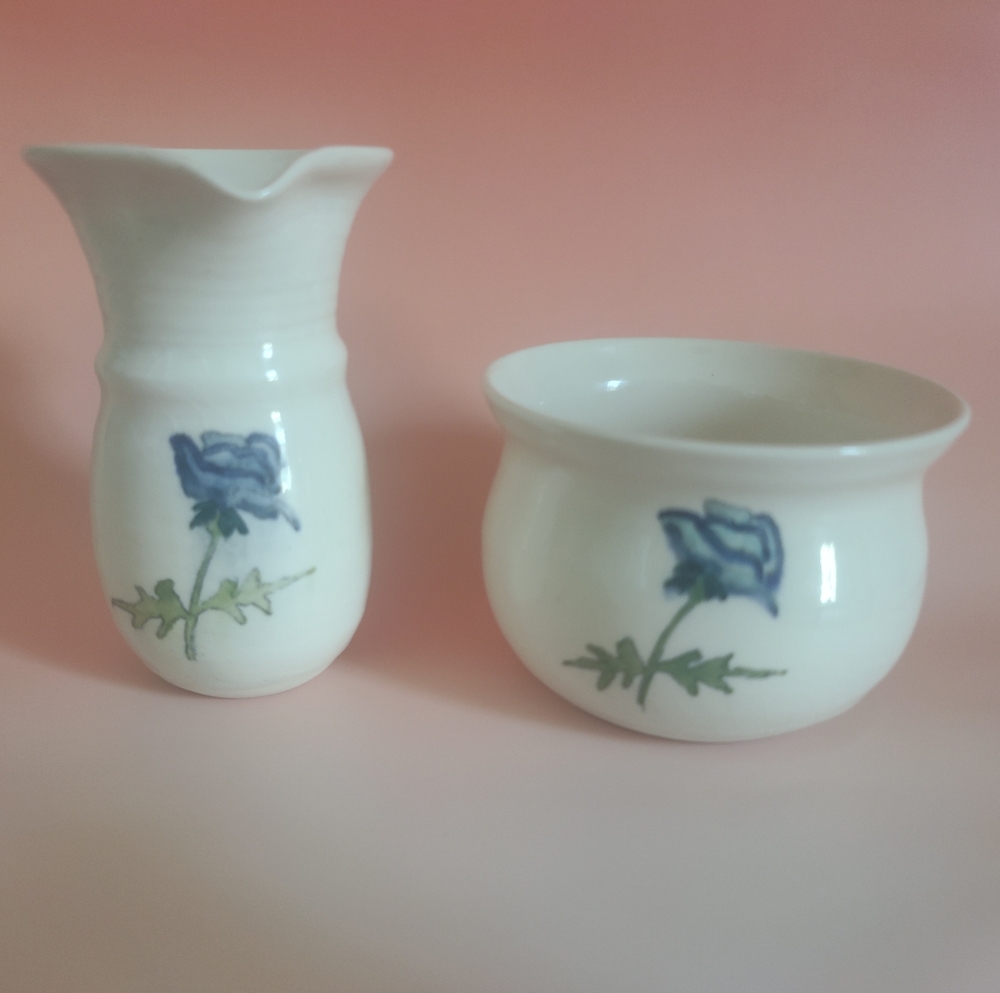 Mud Puppy Pottery Cream and Sugar With Blue Poppy motif
